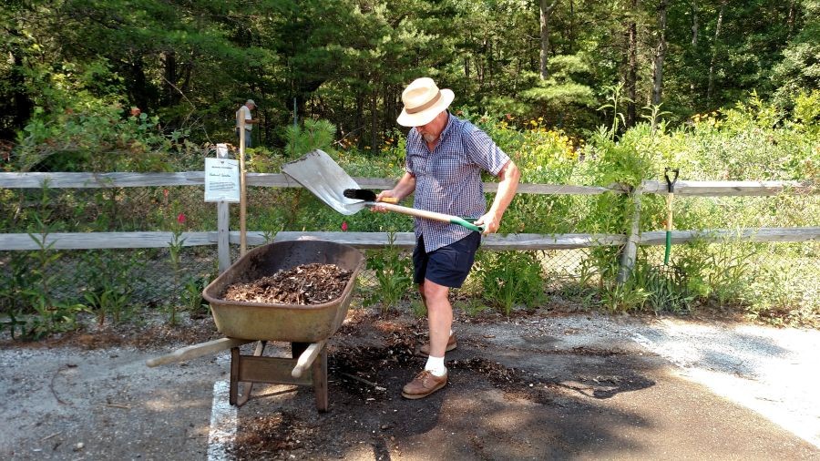 Man with shovel and wheelbarrow filled with mulch